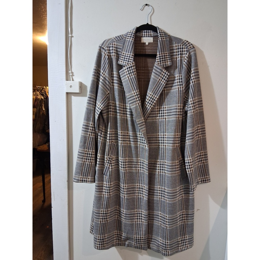 Melloday Womens Plus 1X Grey Plaid Knit Duster Coat Notched‎ Lapel CKJ181784-PL